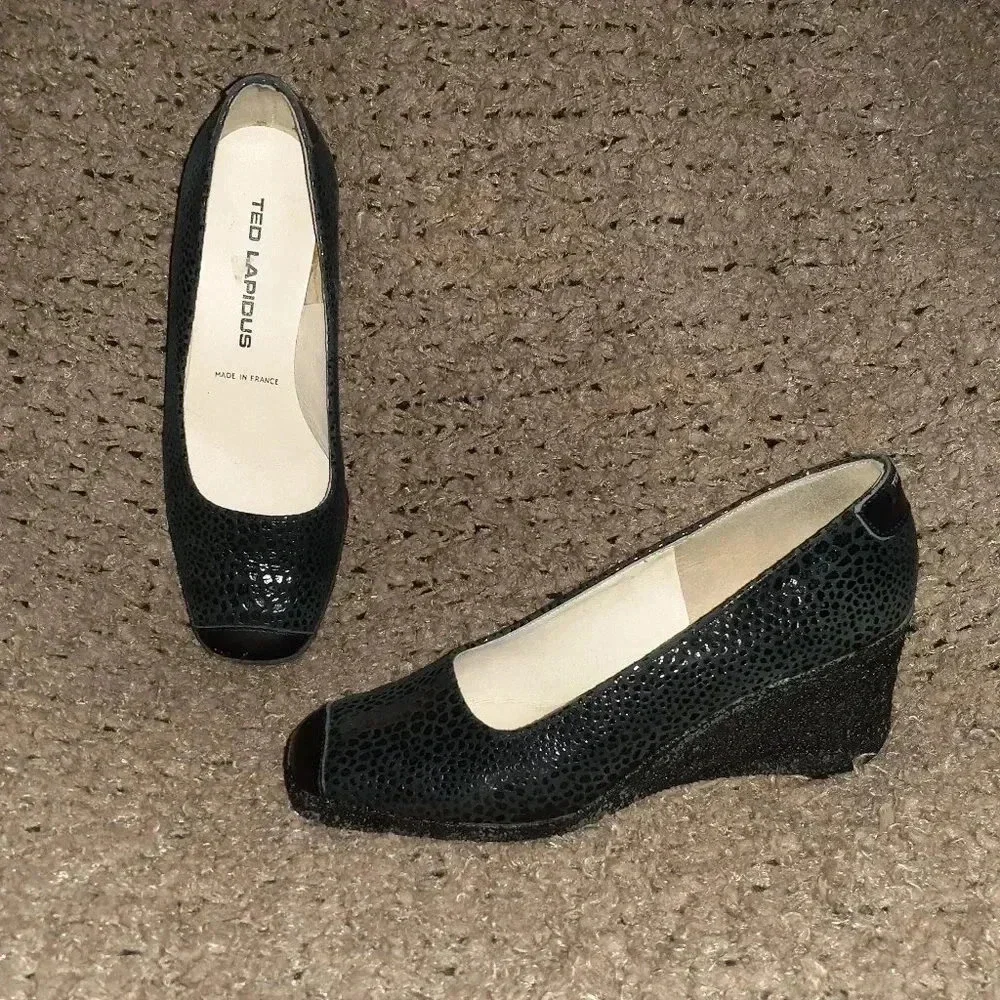 Vintage TED LAPIDUS-Black Suede/Leather Patterned Wedges-Sz 38-Excellent